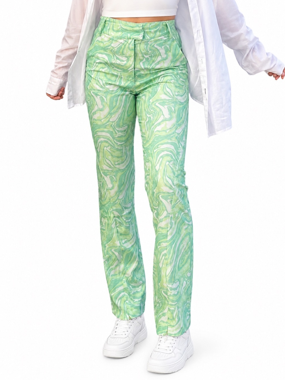 House Of Sunny “Paradise Party” Flare Leg Pants Green Marble Print Size 6 EUC!